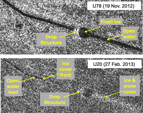 Figure 6. RADARSAT-2 images of the river at the Drop Structure. Open water conditions prevail at the beginning of winter (top); only a short period of time did an ice cover form upstream of the Drop Structure (bottom). RADARSAT-2 Data and Products © MacDonald, Dettwiler and Associates Ltd. (2012 & 2013). All Rights Reserved. RADARSAT is an official trademark of the Canadian Space Agency.
