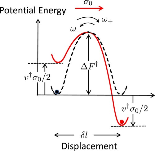 Figure 1. The energy profile of Eyring rate theory [Citation5]: the equilibrium position (dotted line) and the position under plastic flow (red line).