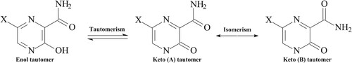 Scheme 1. Keto–enol tautomers and keto rotatioanl isomer for favipiravir and its analogues.