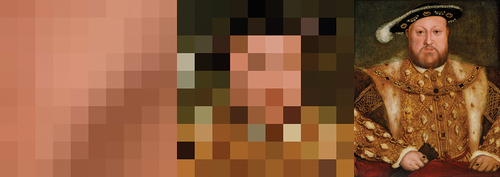 Fig. 7. A 10 x 10 pixel segment from a 16 x 16 pixel image, a 10 x 10 pixel segment from a 224 x 224 pixel image, Portrait of Henry VIII (16th century) by the circle of Hans Holbein the Younger. Images: author, Photo: Wikimedia Commons, public domain.