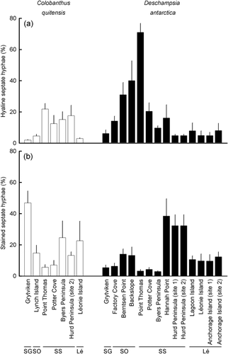 Figure 3 Percentage of root length of Colobanthus quitensis (open bars) and Deschampsia antarctica (closed bars) colonized by (a) hyaline septate and (b) stained septate hyphae. Values are means of 4–5 replicates + s.e. Abbreviations at base of figure as in Figure 2. Note that C. quitensis was absent from eight of the sites from which D. antarctica was sampled.