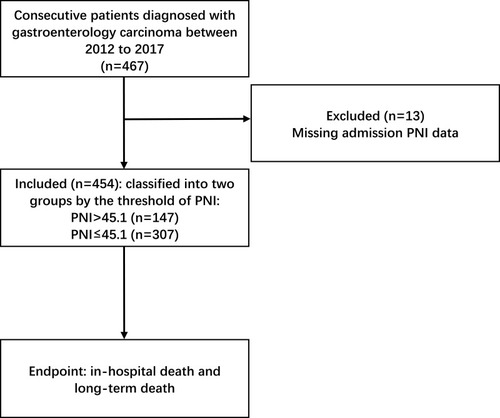 Figure 1 Flow diagram of the included population. A total of 467 elderly gastric cancer patients were screened, of which 13 lacked preoperative PNI-related data and were excluded from the cohort. The remaining 454 patients were enrolled in the study.