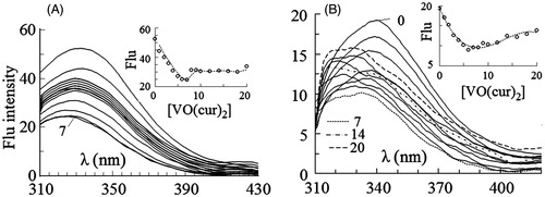 Figure 3. Intrinsic fluorescence spectra of HRP excited at 280 nm (A) and 295 nm (B) in 0–20 µM concentrations of vanadyl curcumin (B). In the inset figures fluorescence intensity at λmax has been plotted against molar concentration of the complex.