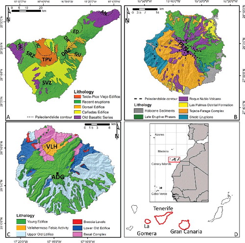 Figure 9. Simplified geological maps (overlaid on a 5 × 5 DEM-derived hillshade relief) and geographical localization of the three islands. (A) Geological map of Tenerife Island (modified after Sobradelo and Martí Citation2010); SRZ, Santiago rift zone; DRZ, dorsal rift zone; SVZ, southern volcanic zone; TPV, Teide-Pico Veijo stratovolcano. The black dashed lines represent the contour of the paleolandslides (modified after Hürlimann et al. Citation2004). AN, Anaga landslide; ED, East Dorsal landslide; GU, Güimar landslide; IC, Icod landslide; OR, La Orotava landslide; TN, Teno landslide. (B) Geological map of Gran Canaria Island (modified after Rodriguez-Gonzalez et al. Citation2009); PLN, Pico de Las Nieves. (C) Geological map of La Gomera Island (modified after Llanes et al. Citation2009). ADG, Alto de Garajonay; VLH, Vallehermoso area. (D) Geographical location of the three islands, the red contours represent the study areas.