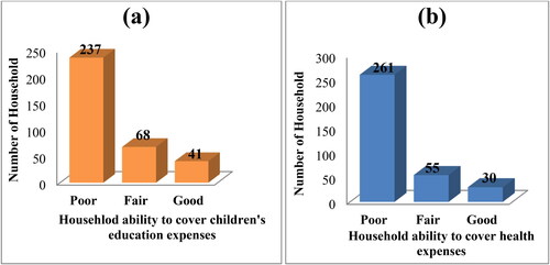 Figure 2. Rural household financial capacity to cover children’s education expenses (a) household members’ health expenses (b).