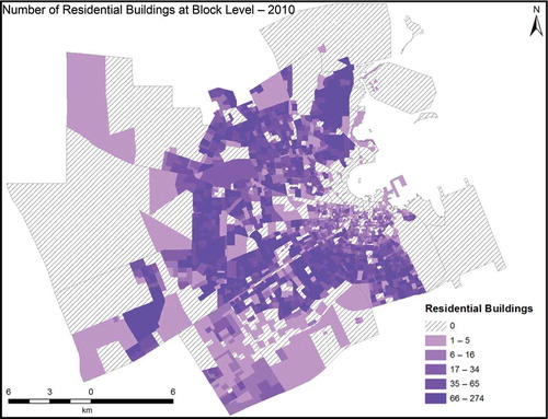 Figure 10. Number of residential buildings in 2010 at the block level.