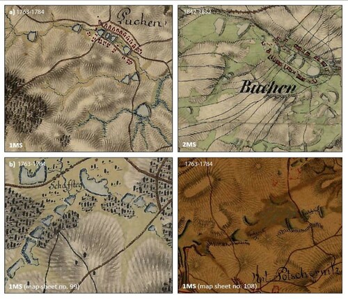 Figure 7. Limits of the old maps: (a) Different numbers of ponds and their depiction between two map sources (city: Jindřichův Hradec); (b) Different styles of displaying ponds on the map sheets of 1MS. Source: © Austrian State Archives [Österreichisches Staatsarchiv] – all rights reserved (survey, z.B. ‘Josephinische Landesaufnahme’ / ‘First military survey’), Mapire.eu; ; © Czech National Geoportal (CENIA).