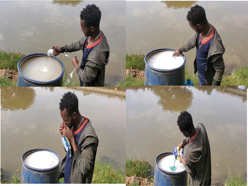 Figure 3. Partial views showing how a farmer breaks the pesticide containers and mixes the pesticides.