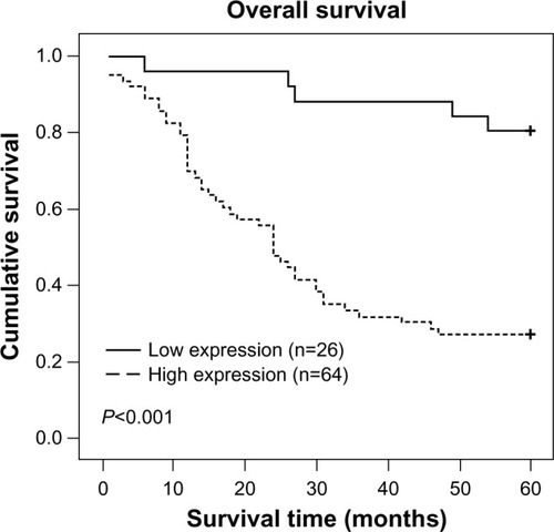 Figure 3 Patients with high Sam68 expression had shorter survival time.