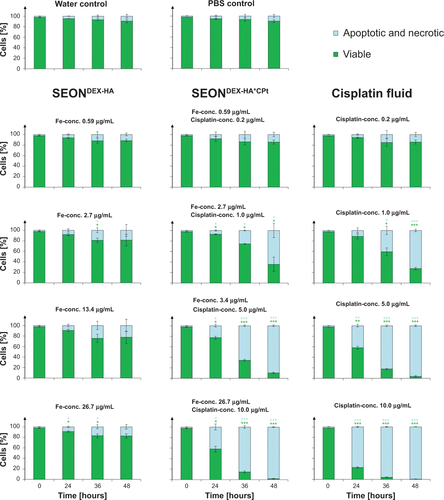 Figure S1 Death of Jurkat cells determined by Hoechst 3334/hexamethylindodicarbocyanine iodide dye staining after treatment with cisplatin fluid, SEONDEX-HA*CPt, and SEONDEX-HA. SEONDEX-HA without the drug did not induce cell death, whereas cisplatin fluid and SEONDEX-HA*CPt induced apoptosis in a dose-dependent manner, with secondary necrosis after prolonged incubation.Notes: The figures show the mean values of triplicates with standard deviations. Statistical significance in comparison with the untreated control was investigated using the Student’s t-test in Excel (Microsoft Corporation, Redmond, WA, USA) (*P<0.05, **P<0.005, and ***P<0.0005).Abbreviations: SEONDEX, dextran-coated SPIONs; SPIONs, superparamagnetic iron oxide nanoparticles; CPt, cisplatin; HA, hyaluronic acid; PBS, phosphate-buffered saline; conc., concentration.