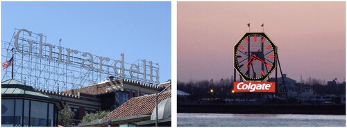 Figure 3. Left – Ghirardelli commercial sign atop Ghirardelli Square, San Francisco, a formally recognized city landmark since 1970. Right – The Colgate Clock in Jersey City facing the Hudson River. Photography: © 2013 & 2014 Robert Harland.