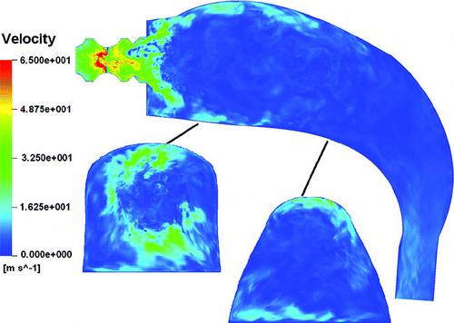 FIG. 7 LES instantaneous magnitude of velocities after 25,000 time steps.