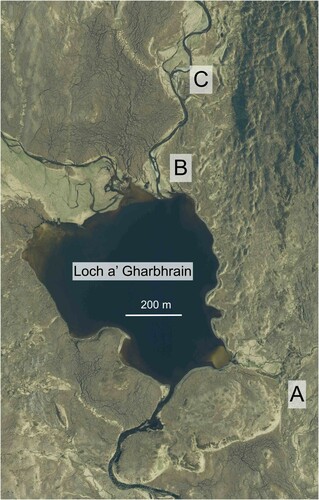 Figure 11. The Gharbhrain moraine (A) and Loch a’ Gharbhrain, a possible hill-hole pair. Ridge networks at B and C may be zig-zag eskers or crevasse fills. Orthophoto: © Getmapping Plc.