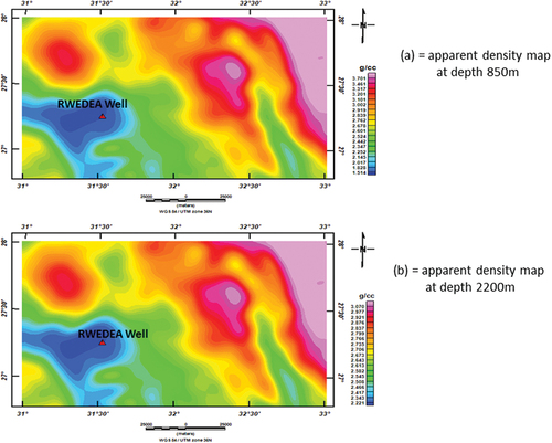 Figure 5. Apparent density maps at depths 850 and 2200 m.