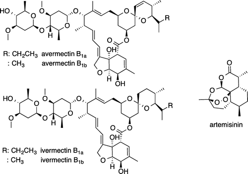 Fig. 1. Structures of avermectin, ivermectin, and artemisinin.