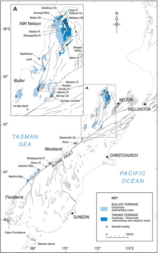 Figure 2 Simplified geology and sample locations of low metamorphic grade Palaeozoic sedimentary and volcanic rocks of the Buller and Takaka Terranes, Western Province, New Zealand. High-grade equivalents in Fiordland are not shown.