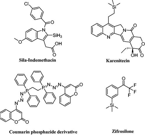 Figure 3. Reported silicone-containing compounds and coumarin phosphazide derivative.