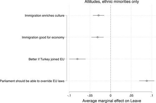 Figure 1. Effects of attitudinal predictors on EU referendum vote choice among ethnic minorities. Model controls for ethnicity, age, education, and liberal-authoritarian values. Data: British Election Study Internet Panel waves 7 and 8 (April–June 2016).