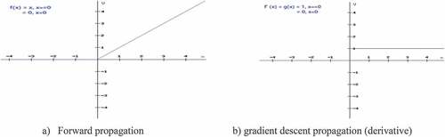 Figure1. ReLu function graphical representation. a) Forward propagation b) gradient descent propagation (derivative).