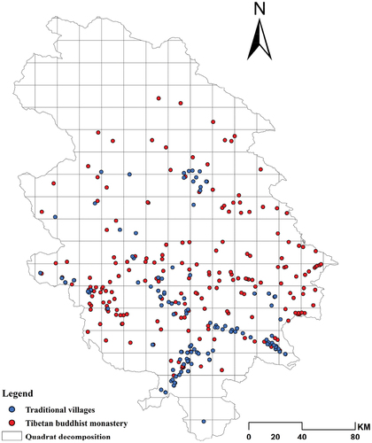 Figure 6. Spatial distribution and quadrat decomposition of traditional villages and Tibetan Buddhist monasteries (illustration created by the ArcGis 10.8.1).
