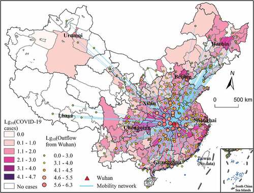 Figure 1. Spatial distributions of accumulative confirmed COVID-19 cases in China mainland on February 29th, 2020, and population outflows from Wuhan aggregated from January 1th to January 24th, 2020.