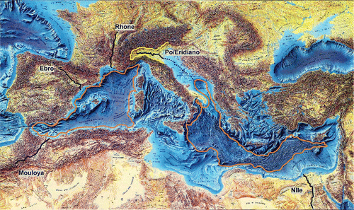 Fig. 2 Mediterranean Basin after Messinian sea-level drop. The orange areas represent the limit of the sea after the water regression.