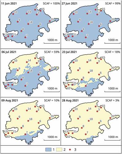 Figure 4. Temporal changes in a snow cover area fraction (SCAF) used for model calibration/validation: (1) snow cover, (2) bare ice, and (3) ablation stakes and their numbers.