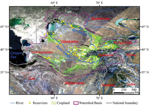 Figure 1. Aral Sea watershed with MODIS bands 2, 1, 4 acquired in July 2000.
