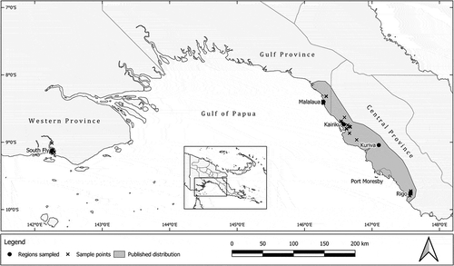 Figure 1. The natural range of Santalum macgregorii in Papua New Guinea, and the locations of trees sampled for this study