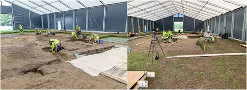 Figure 3 Left: Interior of the excavation tent a few weeks prior to the AV week. Photo: Museum of Cultural History, Oslo. Right: Interior of the excavation tent during the AV week with production equipment set up along the edges of the excavation area. Photo: Joakim Karlsen.