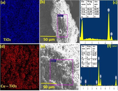 Figure 4. Comparison of the EDAX data for the pure TiO2 (a-c), and Cu-TiO2 (d-f) samples.
