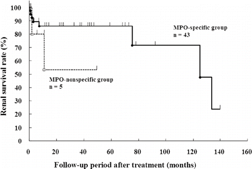 Figure 2. Renal survival in patients with MPO-specific P-ANCA (solid line) and MPO-nonspecific P-ANCA (dashed line).