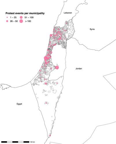 Figure 1. Map of protest counts (pink circles) for 189 municipalities between March 2020 and July 2022. Larger circles indicate more protests.