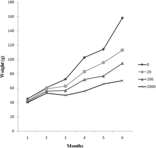 Figure 1. Bodyweight change of Nile tilapia fed with different dietary AFB1 for a duration of 24 weeks.