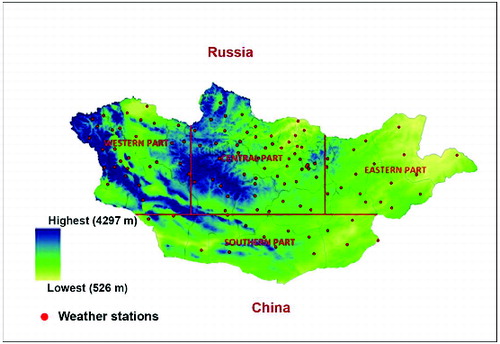 Figure 1. Map of Mongolia that shows the parts of the country and bordering countries. Locations of weather stations (where the data has been collected) are also indicated in the map.