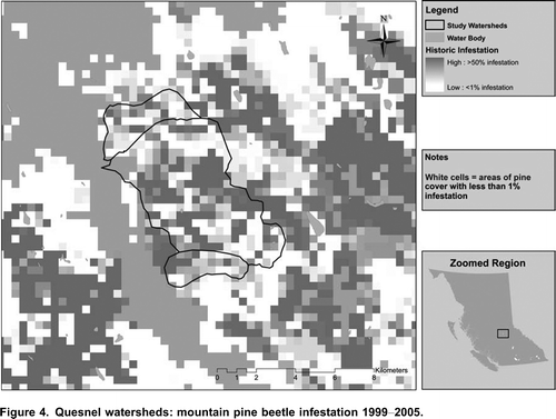 Figure 4. Quesnel watersheds: mountain pine beetle infestation 19992005.