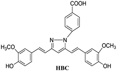 Figure 1. The chemical structure of HBC. It has a molecular formula C28H24N2O6 with a molecular weight of 484.16 g/mol.