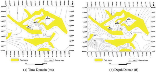 Figure 3. Isopach map on time (ms) and depth (ft) domain.