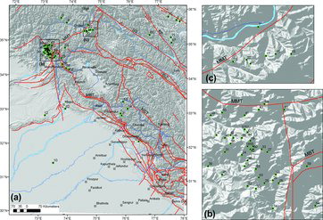 Figure 5. (a) DEM with Tectonic planes and locations of CMT solutions (70 numbers of table 2). No. of table 2 is placed as number. The blow-up version with locations of CMT data (b) Kashmir–Hazara Systaxis with mainly aftershocks of 2005 Muzaffarabad earthquake and (c) part of Nanga-Parbat Syntaxis.