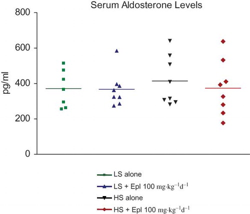 Figure 6. Serum aldosterone level at the end of an 8-week treatment. Data are mean ± SEM (n = 8 for each group). Abbreviations: LS - low salt; HS - high salt; Epl - eplerenone. There was no statistically significant difference in serum aldosterone level among all groups (color figure available online).