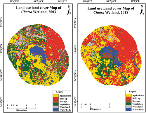 Figure 7. Land use land cover of Chatra wetland in 2003 and 2018.