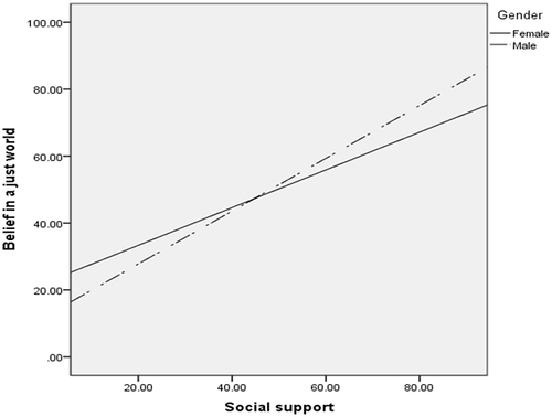 Figure 3 The moderating effect of gender on the relationship between social support and BJW.