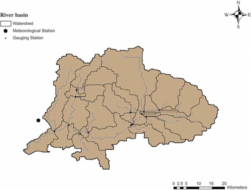 Fig. 4 Chaliyar watershed with weather stations and river gauge station (from SWAT).