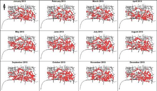 Figure 2. Monthly spatial point patterns of street crimes in the city of London, UK, during 2013.