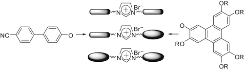 Figure 4. Imidazole-based calamitic–calamitic, calamitic–discotic and discotic–discotic ionic dimmers.