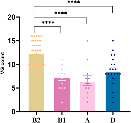 Figure 4 Comparison of the distribution of virulence factors in four main phylogenetic groups. B2, phylogenetic group B2; B1, phylogenetic group B1; A, phylogenetic group A; D, phylogenetic group D; VG count, the number of virulence genes; every dot represents a single isolate; p value of comparison about the distribution of virulence factors in four main phylogenetic groups, calculated with analysis of ANOVA, one-way analysis of variance, SPSS 21.0. P <0.0001 (marked as ****) was defined as extremely significant.