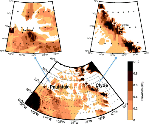 Fig. 1 Topographical map of the Canadian Arctic region, with the Paulatuk and Clyde River stations marked by crosses, and the GFS reforecast model grid points marked by small circles.