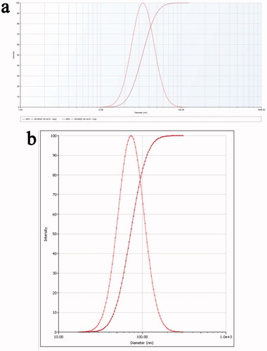 Figure 3. (a) Particle size distribution diagrams of AL-mPEG-PLGA blank micelle. (b) Particle size distribution diagrams of AS-AL-mPEG-PLGA.