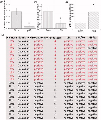 Figure 1. Characterizationz of pSS patients. Patients (12 pSS and 11 control non-SS Sicca) were evaluated based on the ACR-EULAR criteria and saliva flow in control non-SS Sicca and pSS patients was evaluated. (A) indicates unstimulated, whereas stimulated saliva in non-SS-SICCA and pSS individuals is shown in (B). Error bars represent means ± SD, * indicates p < .05, respectively. C shows the quantification of the IgM RA factor between the non-SS-Sicca and pSS samples. * indicates a significant difference (p < .005). Description of non-SS-SICCA and pSS individuals along with histopathology and other parameters (including focus score, autoantibodies and histopathology) that were measured are provided in (D).