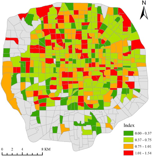 Figure 7. Spatial distribution of mixing index. A warmer color indicates a higher index, denoting a more diverse urban function composition.